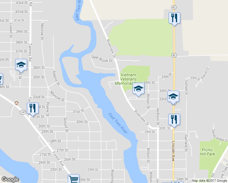 map of restaurants, bars, coffee shops, grocery stores, and more near 1480 Terrace Court in Two Rivers