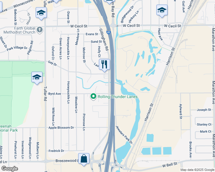 map of restaurants, bars, coffee shops, grocery stores, and more near 1181 Gillingham Road in Neenah