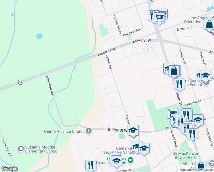 map of restaurants, bars, coffee shops, grocery stores, and more near 55 Bogart Crescent in Belleville