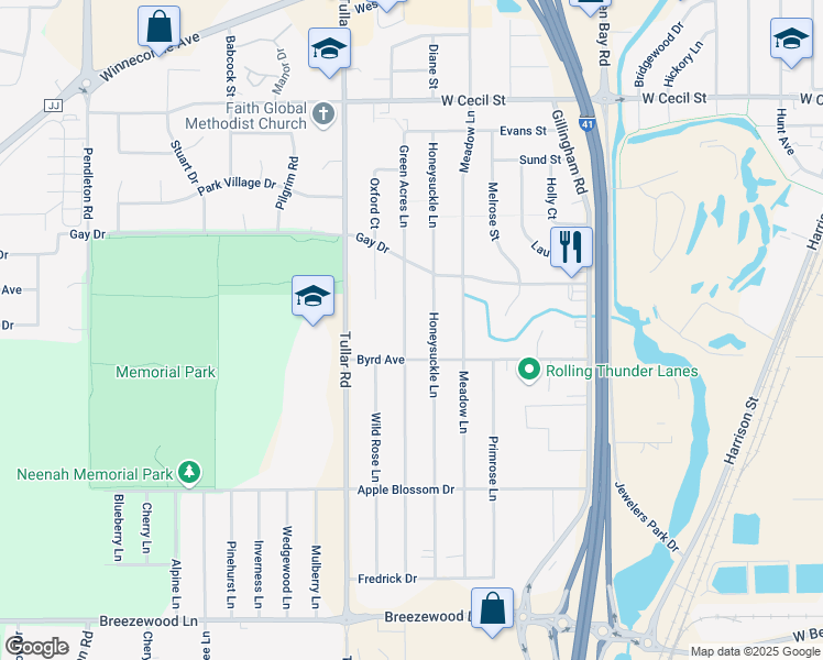 map of restaurants, bars, coffee shops, grocery stores, and more near 1156 Green Acres Lane in Neenah