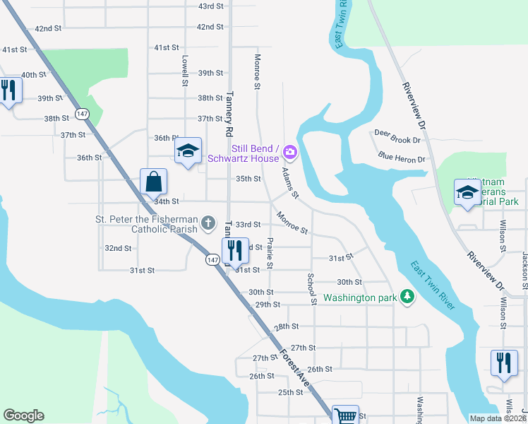 map of restaurants, bars, coffee shops, grocery stores, and more near 3316 Monroe Street in Two Rivers