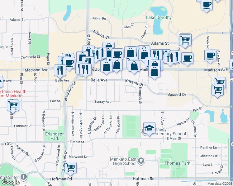 map of restaurants, bars, coffee shops, grocery stores, and more near 132 Oxford Path in Mankato