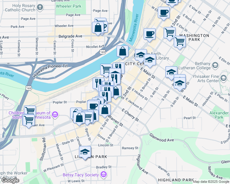 map of restaurants, bars, coffee shops, grocery stores, and more near 12 Civic Center Plaza in Mankato