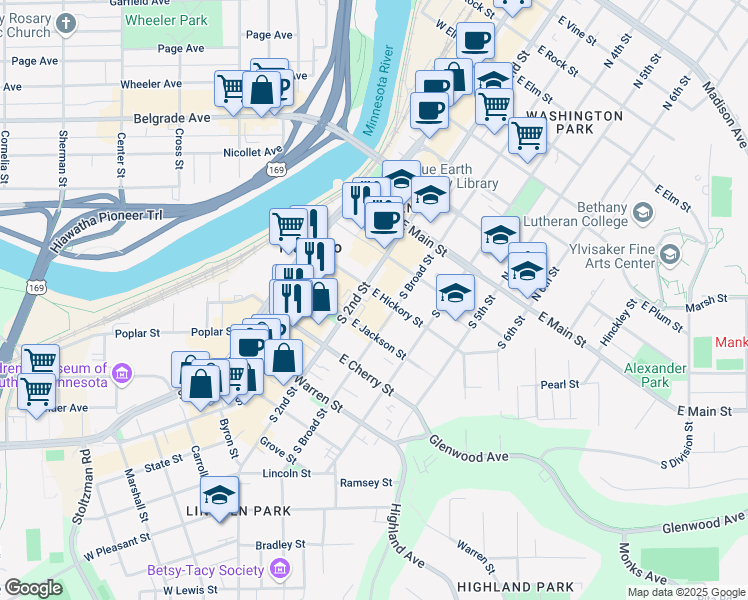 map of restaurants, bars, coffee shops, grocery stores, and more near in Mankato