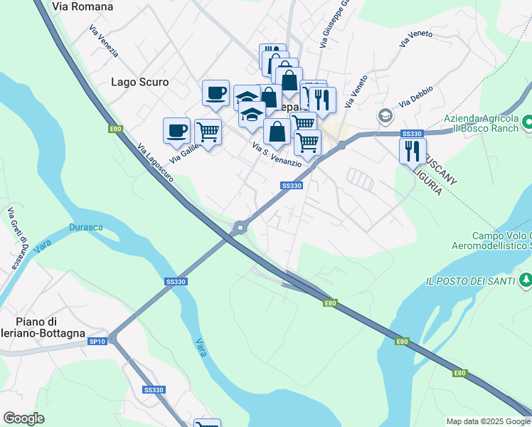 map of restaurants, bars, coffee shops, grocery stores, and more near 92 Via Vecchia in Ceparana
