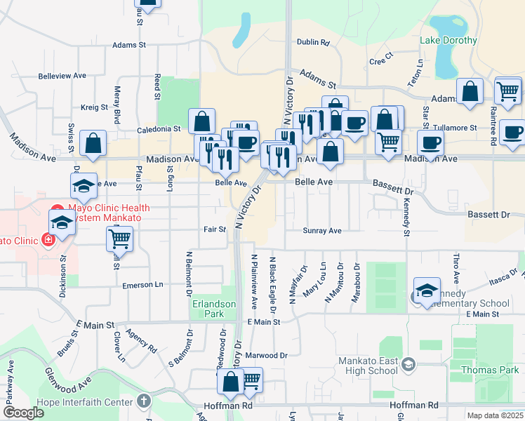 map of restaurants, bars, coffee shops, grocery stores, and more near 201 North Victory Drive in Mankato