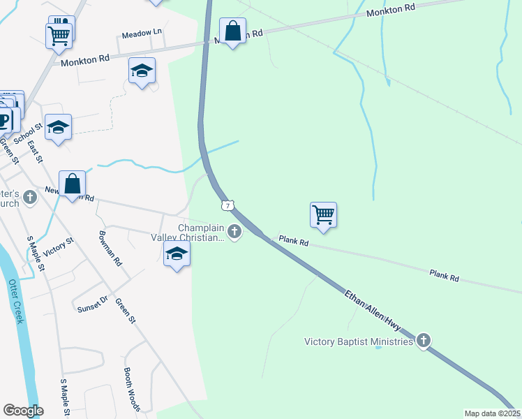 map of restaurants, bars, coffee shops, grocery stores, and more near U.S. 7 in Vergennes