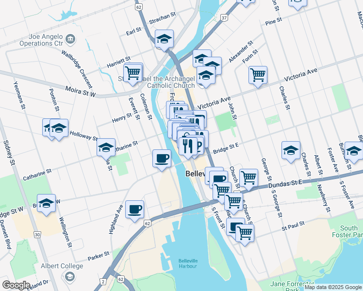 map of restaurants, bars, coffee shops, grocery stores, and more near 202 Front Street in Belleville