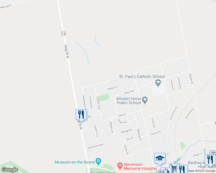 map of restaurants, bars, coffee shops, grocery stores, and more near 15 Wallace Street in New Tecumseth