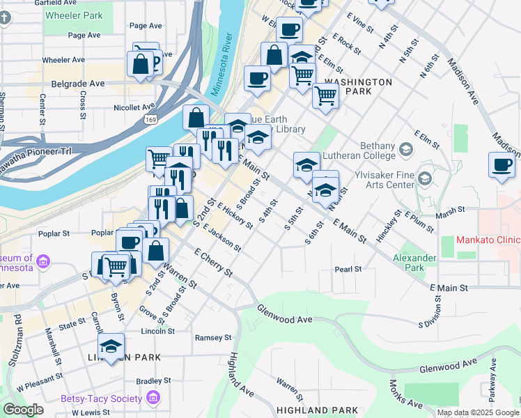 map of restaurants, bars, coffee shops, grocery stores, and more near 319 East Walnut Street in Mankato