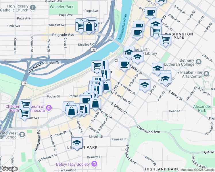 map of restaurants, bars, coffee shops, grocery stores, and more near 12 Civic Center Plaza in Mankato