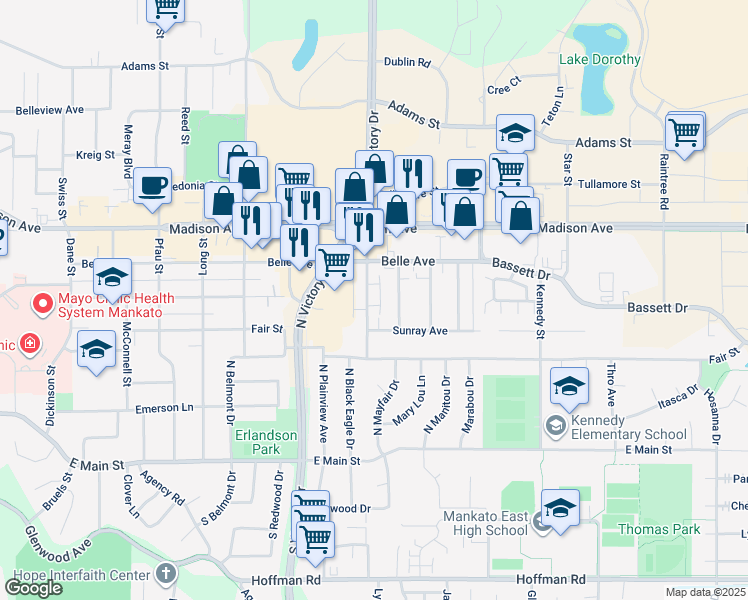 map of restaurants, bars, coffee shops, grocery stores, and more near 412 Holly Lane in Mankato
