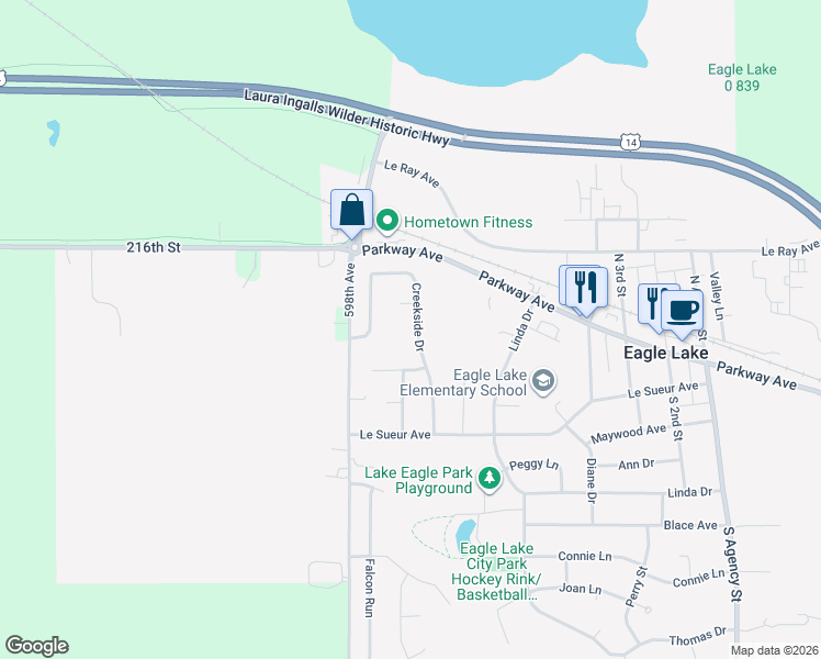 map of restaurants, bars, coffee shops, grocery stores, and more near 148 Creekside Drive in Eagle Lake