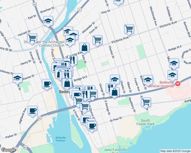 map of restaurants, bars, coffee shops, grocery stores, and more near 99 Bridge Street East in Belleville