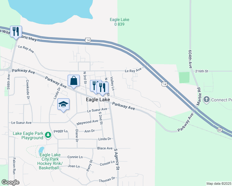 map of restaurants, bars, coffee shops, grocery stores, and more near 96 Valley Lane in Eagle Lake
