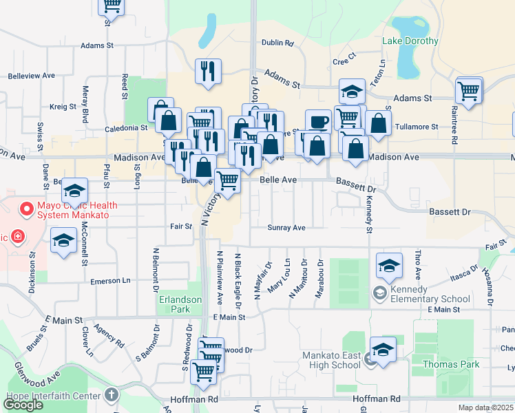 map of restaurants, bars, coffee shops, grocery stores, and more near 412 Holly Lane in Mankato
