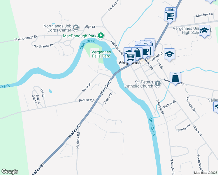 map of restaurants, bars, coffee shops, grocery stores, and more near 25 Scovel Lane in Vergennes