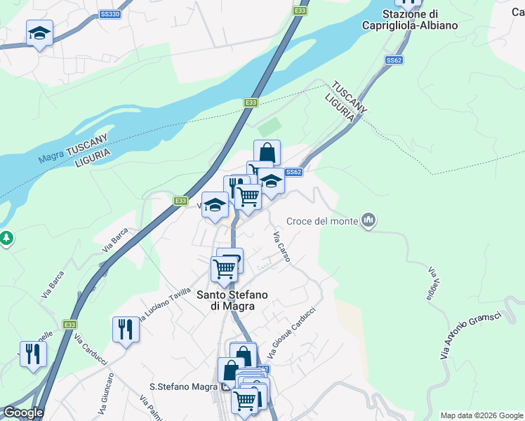 map of restaurants, bars, coffee shops, grocery stores, and more near 2 Via Carso in Santo Stefano di Magra