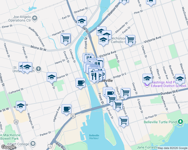 map of restaurants, bars, coffee shops, grocery stores, and more near 233 Front Street in Belleville