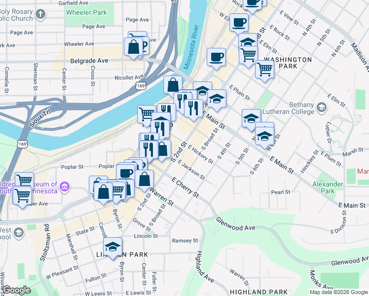 map of restaurants, bars, coffee shops, grocery stores, and more near in Mankato