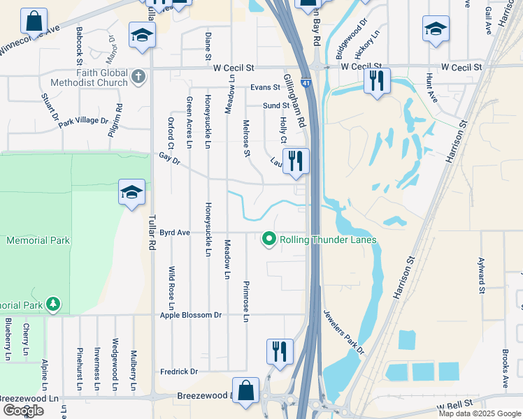 map of restaurants, bars, coffee shops, grocery stores, and more near 1135 Primrose Court in Neenah