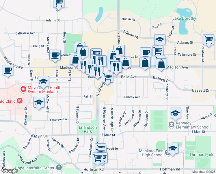 map of restaurants, bars, coffee shops, grocery stores, and more near 201 North Victory Drive in Mankato