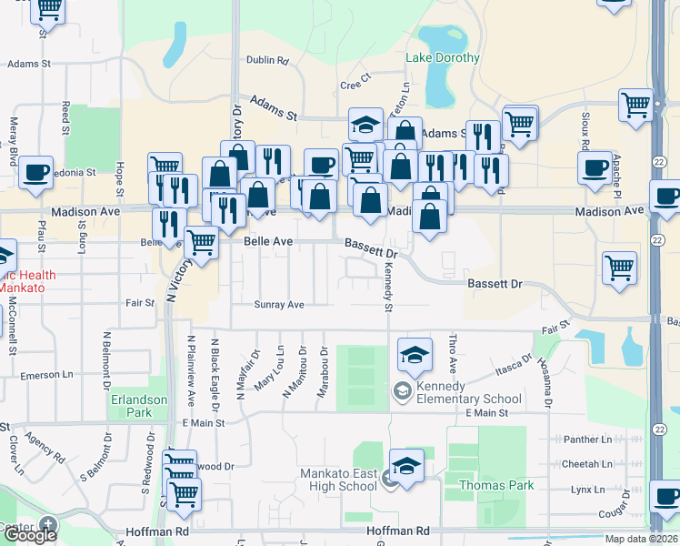 map of restaurants, bars, coffee shops, grocery stores, and more near 132 Oxford Path in Mankato