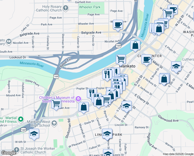 map of restaurants, bars, coffee shops, grocery stores, and more near 330 Poplar Street in Mankato
