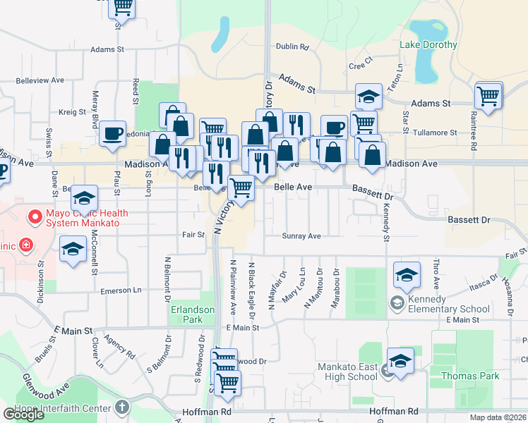 map of restaurants, bars, coffee shops, grocery stores, and more near Holly Lane in Mankato