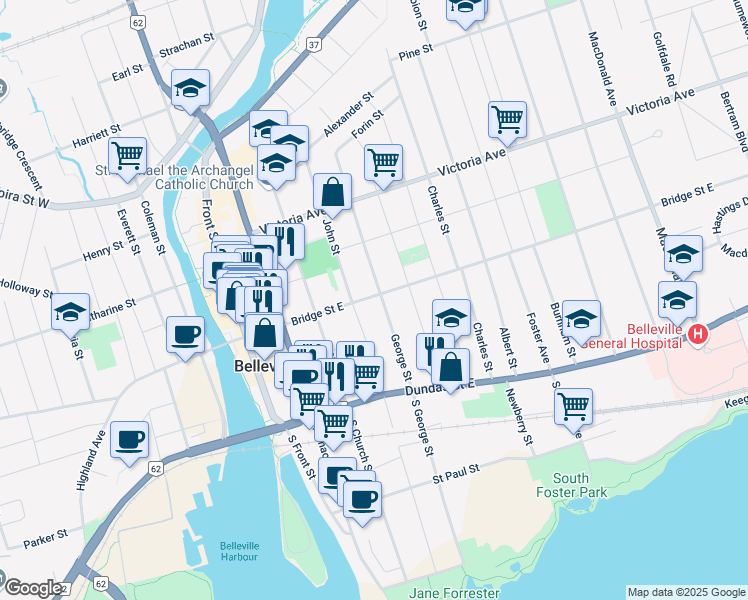 map of restaurants, bars, coffee shops, grocery stores, and more near 103 Bridge Street East in Belleville