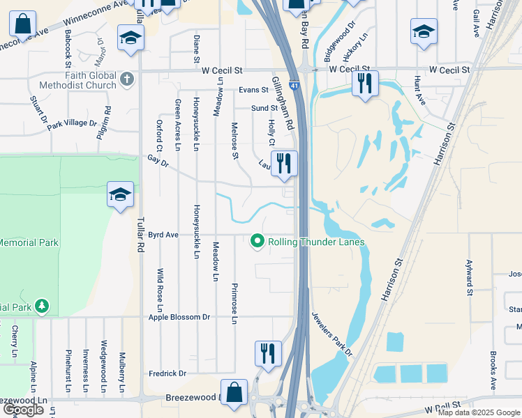map of restaurants, bars, coffee shops, grocery stores, and more near 1135 Primrose Court in Neenah