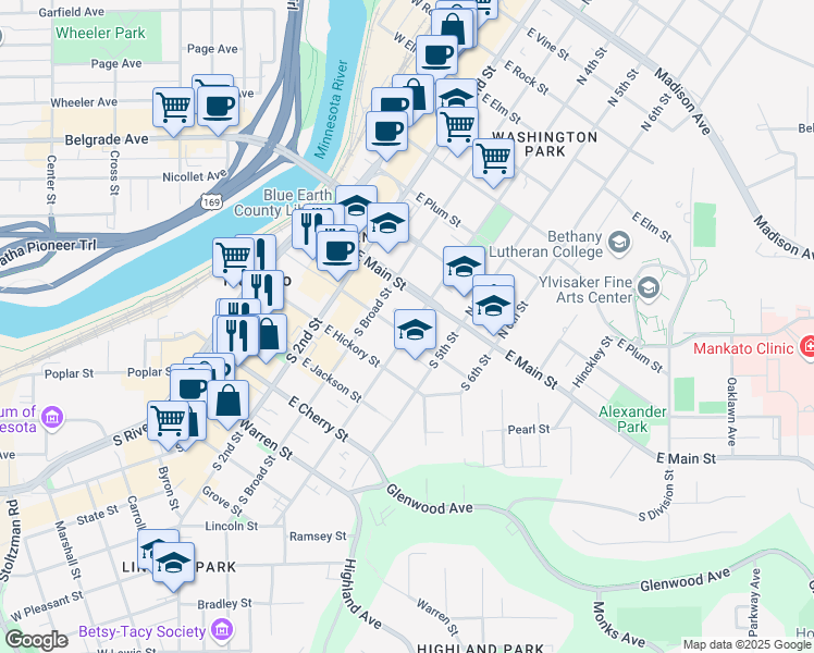 map of restaurants, bars, coffee shops, grocery stores, and more near 352 East Walnut Street in Mankato