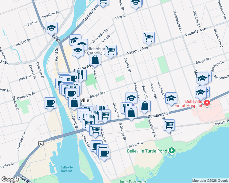 map of restaurants, bars, coffee shops, grocery stores, and more near 115 Bridge Street East in Belleville