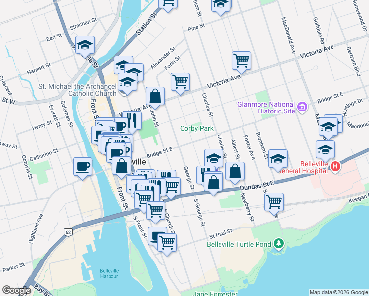 map of restaurants, bars, coffee shops, grocery stores, and more near 190 William Street in Belleville