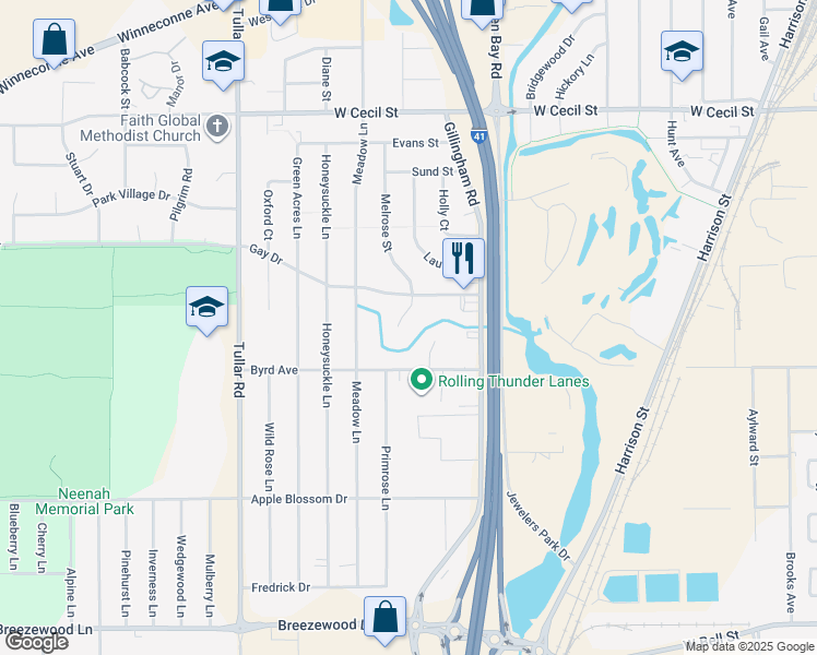 map of restaurants, bars, coffee shops, grocery stores, and more near 1116 Melrose Court in Neenah