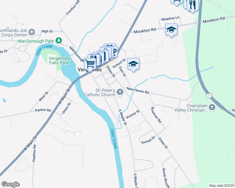 map of restaurants, bars, coffee shops, grocery stores, and more near 85 South Maple Street in Vergennes