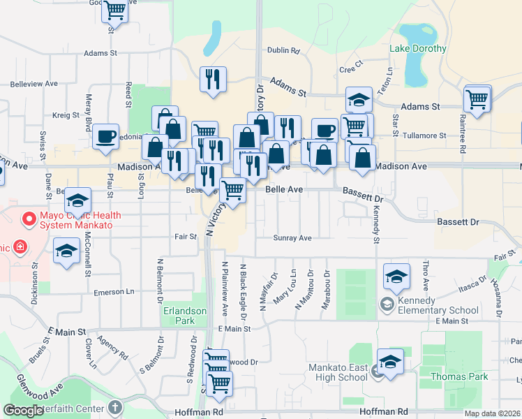 map of restaurants, bars, coffee shops, grocery stores, and more near 416 Holly Lane in Mankato