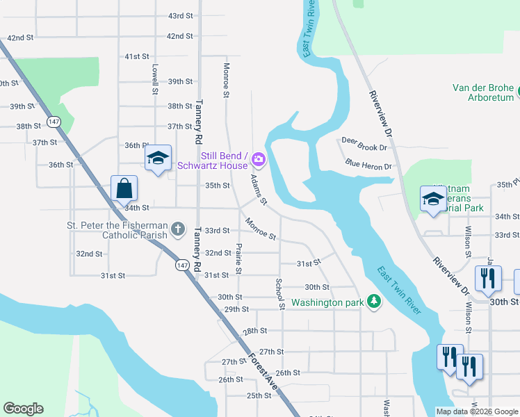 map of restaurants, bars, coffee shops, grocery stores, and more near 3312 Adams Street in Two Rivers