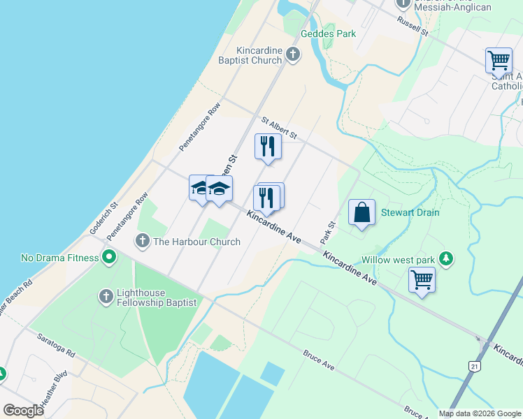 map of restaurants, bars, coffee shops, grocery stores, and more near 383 Kincardine Avenue in Kincardine