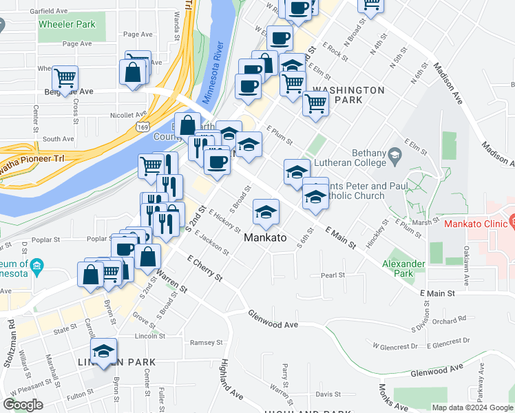map of restaurants, bars, coffee shops, grocery stores, and more near 322 East Walnut Street in Mankato