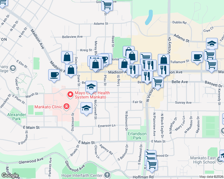 map of restaurants, bars, coffee shops, grocery stores, and more near 230 Long Street in Mankato