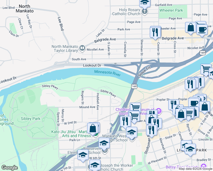 map of restaurants, bars, coffee shops, grocery stores, and more near 338 Trestle Trail in Mankato