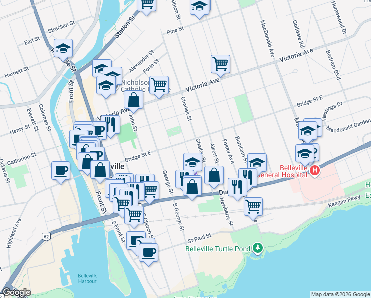 map of restaurants, bars, coffee shops, grocery stores, and more near 190 Ann Street in Belleville