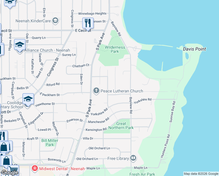 map of restaurants, bars, coffee shops, grocery stores, and more near 748 Amber Lane in Neenah