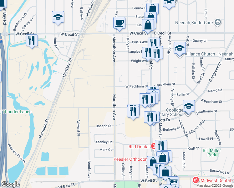 map of restaurants, bars, coffee shops, grocery stores, and more near 2020 Marathon Avenue in Neenah