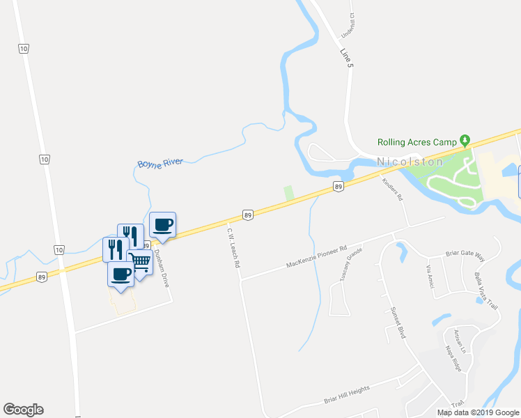 map of restaurants, bars, coffee shops, grocery stores, and more near 6278 Ontario 89 in Simcoe County