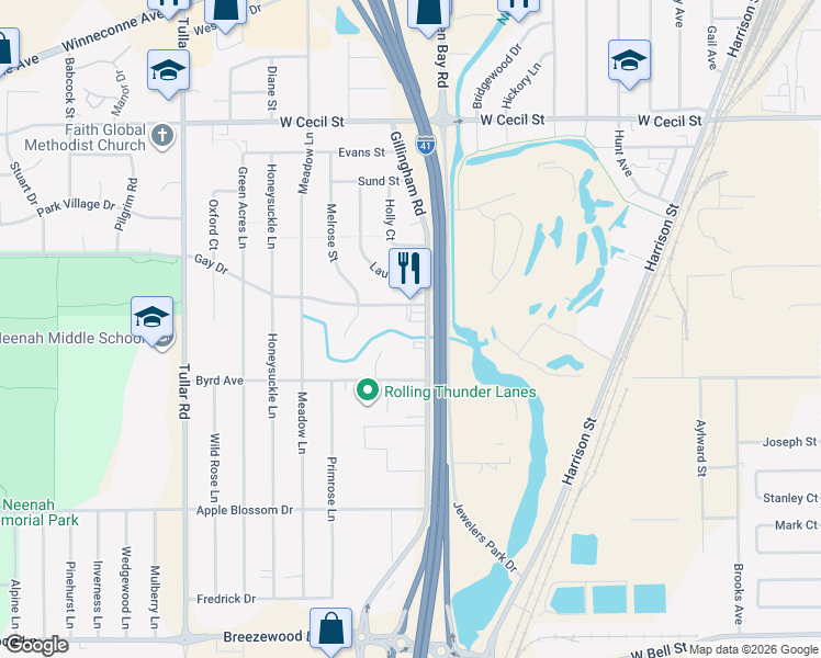 map of restaurants, bars, coffee shops, grocery stores, and more near 1181 Gillingham Road in Neenah