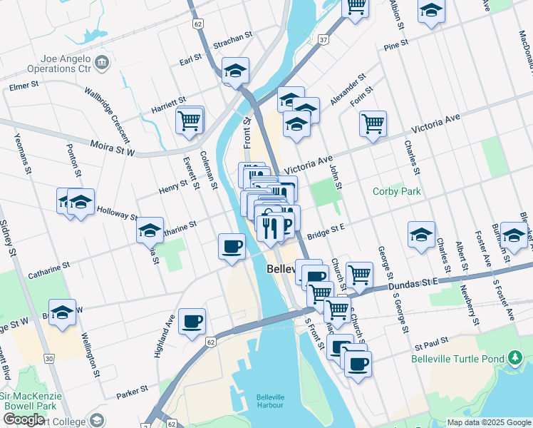 map of restaurants, bars, coffee shops, grocery stores, and more near 202 Front Street in Belleville