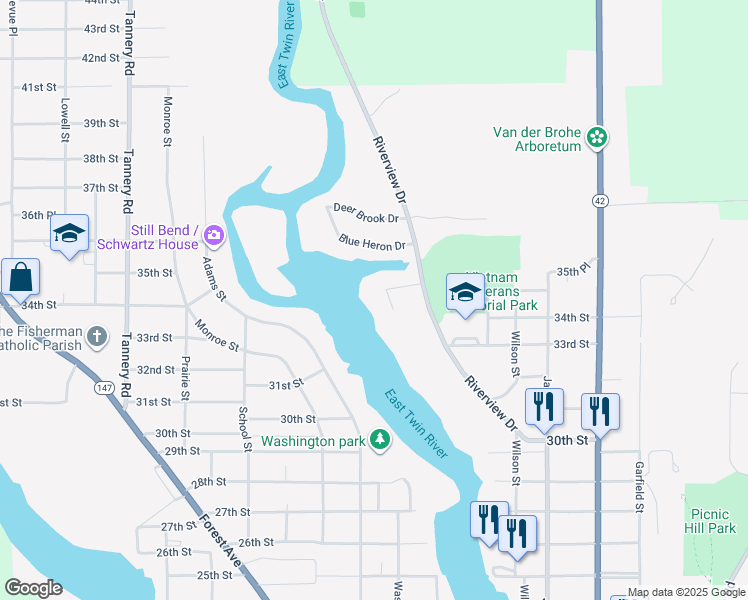 map of restaurants, bars, coffee shops, grocery stores, and more near 1448 Terrace Court in Two Rivers