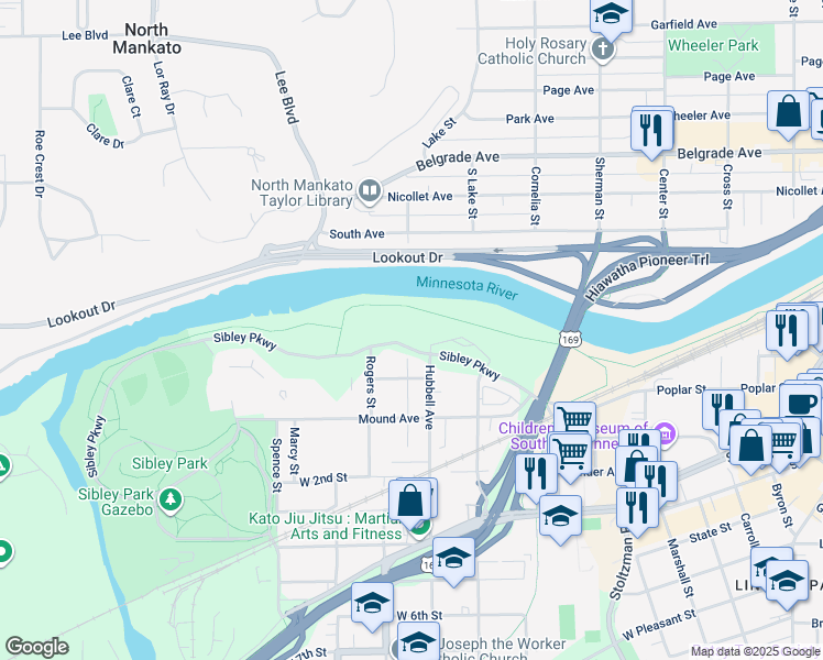 map of restaurants, bars, coffee shops, grocery stores, and more near 410 Sibley Parkway in Mankato